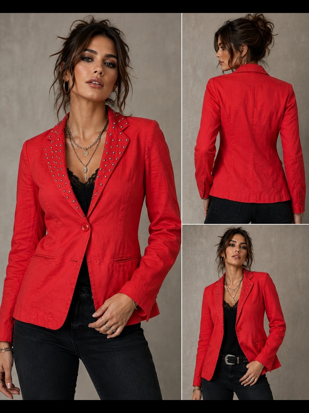 Rock & Republic Red Studded Linen Blend Blazer Jacket Size 10 Y2K